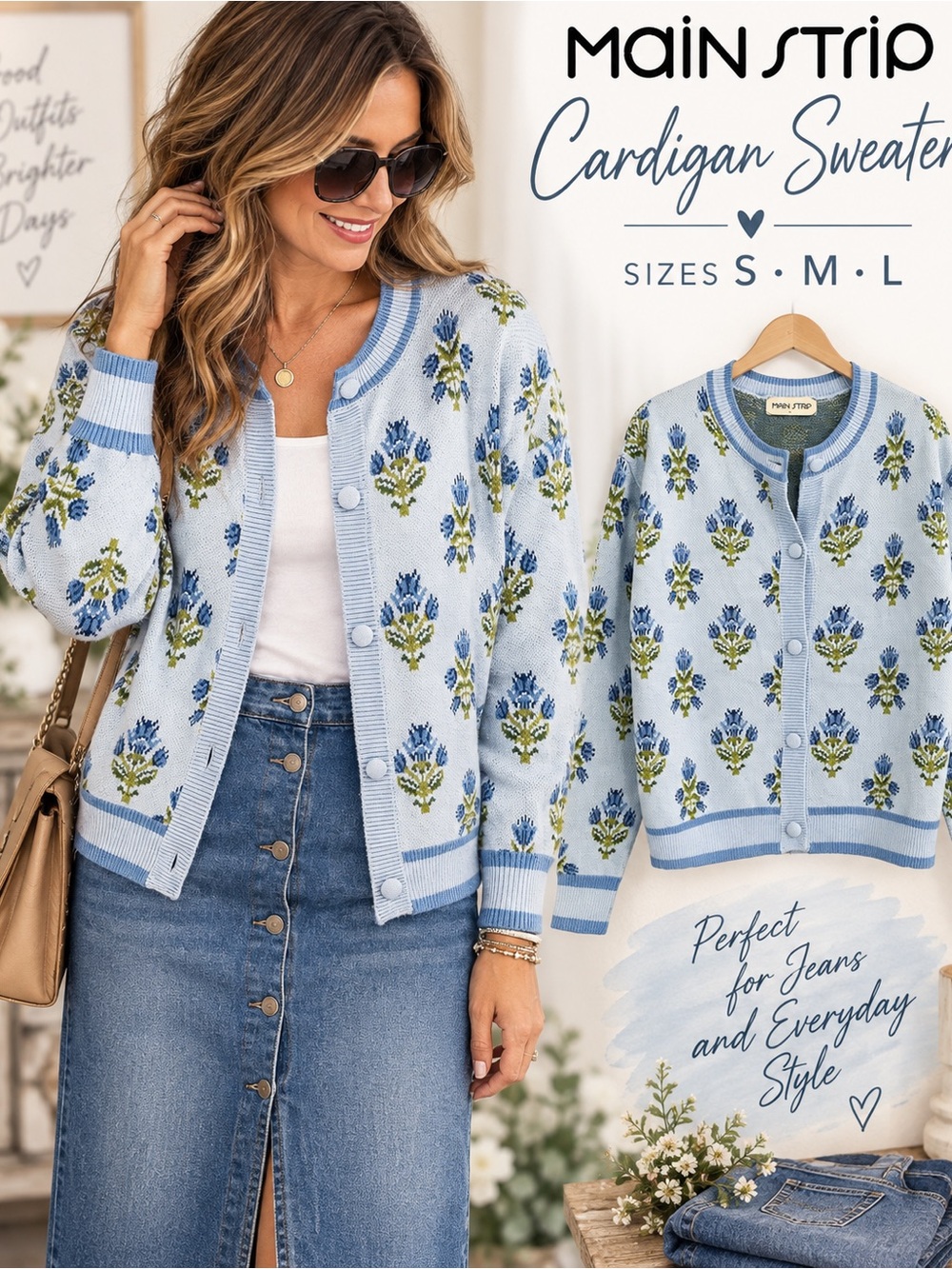 Main Strip Light Blue Floral Cardigan Sweater